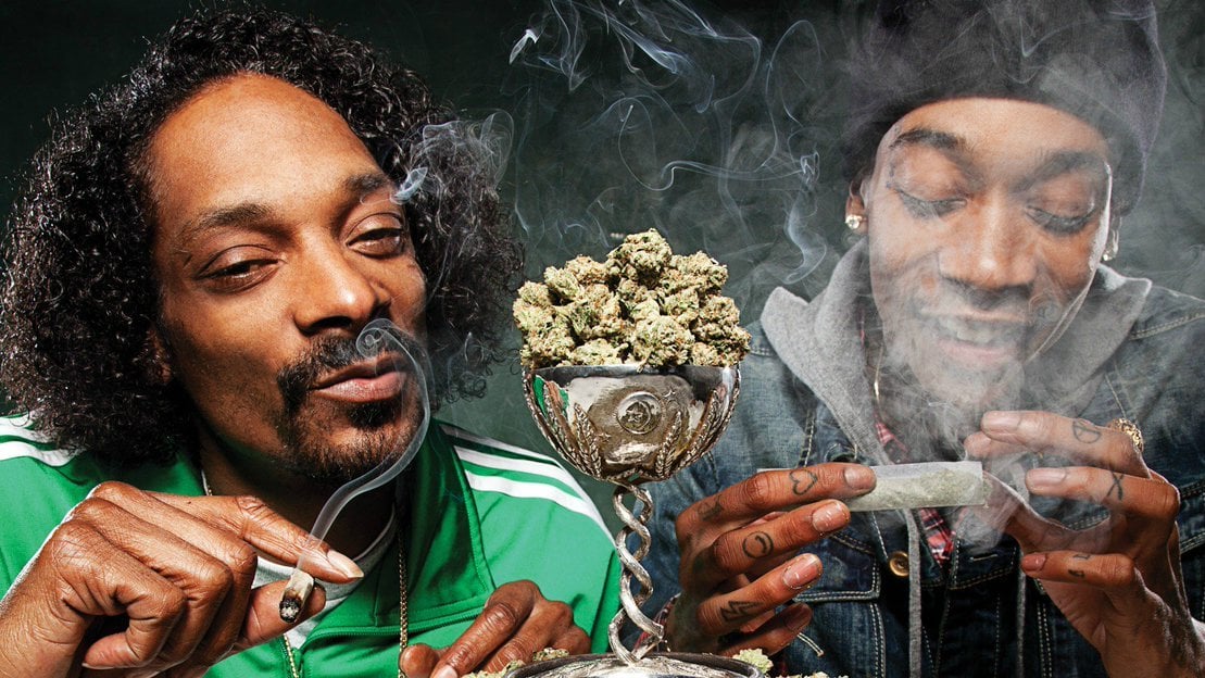 Snoop Dogg with a blunt and a cannabis-filled trophy, double-image composite